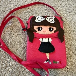 Pink Little Girl Shoulder Bag Small Purse Crossbody Brown Hair Fish Bow Dress